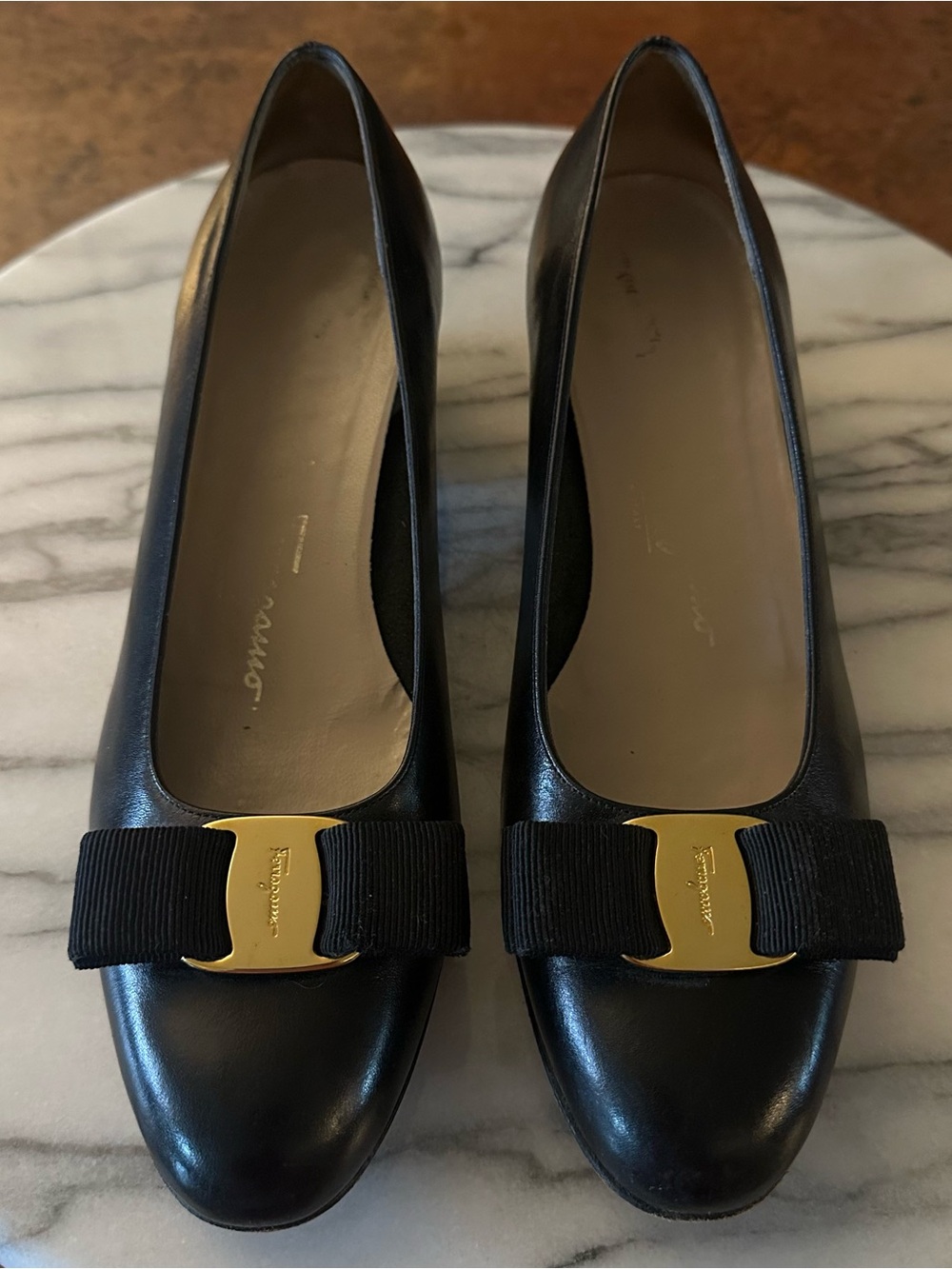Salvatore Ferragamo Black Leather Bow Pumps with Gold Hardware